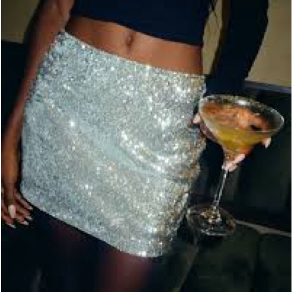 NWT Silver Sequin Stretch Skirt, Rhinestone Cowboy, Disco, Metallic - Picture 11 of 15